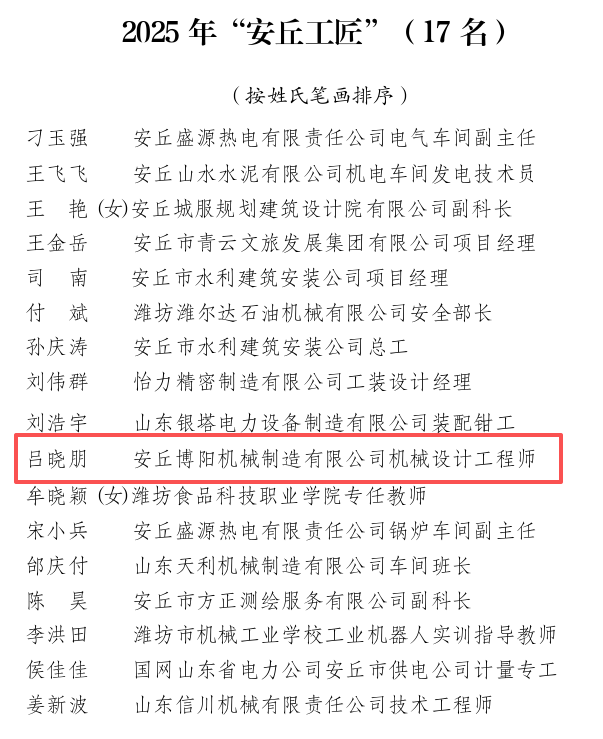【尊龙凯时人生就是博机械】喜报!热烈祝贺机械设计工程师吕晓朋荣获2025年“安丘工匠”称号